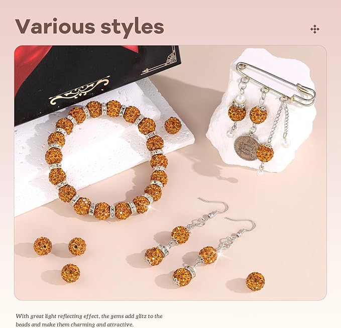 105pcs 10mm Rhinestone Beads for Jewelry Making, Golden Shiny Round Disco Ball Beads Bulk, Sparkle Crystal Clay Christmas for Bracelet Baseball Necklace Earring Crafting and DIY-BubblyBeeBaby