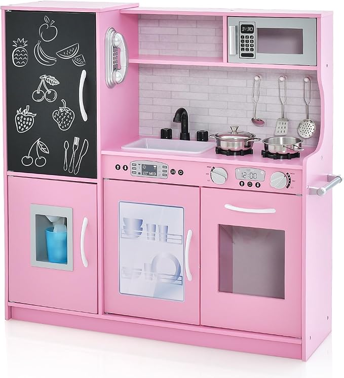 HONEY JOY Pink Kids Kitchen Playset, Wooden Little Chef Pretend Toy Kitchen Set w/Chalkboard, Telephone, Utensils, Oven, Microwave, Sink, Play Kitchen for Toddlers, Gift for Boys Girls, Pink-BubblyBeeBaby