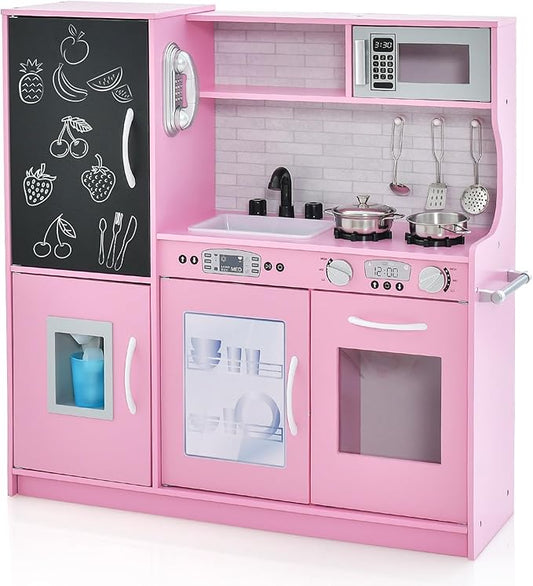 HONEY JOY Pink Kids Kitchen Playset, Wooden Little Chef Pretend Toy Kitchen Set w/Chalkboard, Telephone, Utensils, Oven, Microwave, Sink, Play Kitchen for Toddlers, Gift for Boys Girls, Pink-BubblyBeeBaby