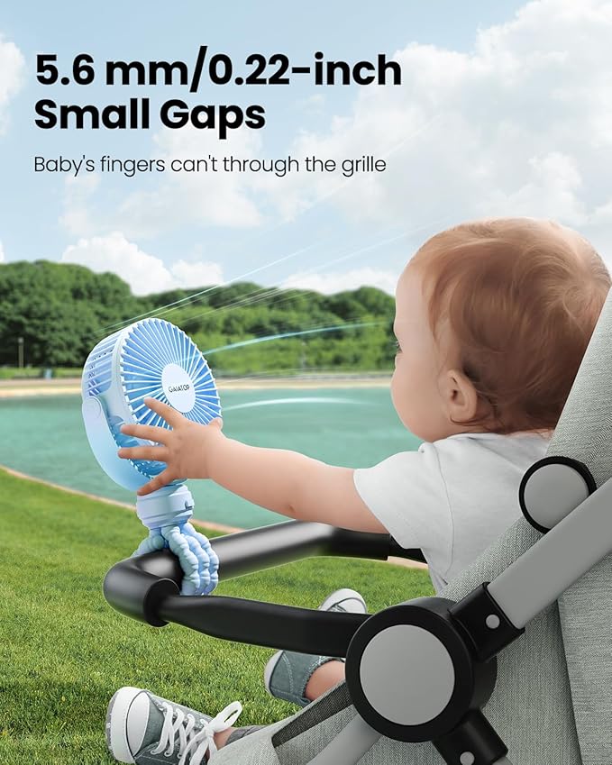 Gaiatop Mini Portable Stroller Fan, Battery Operated Small Clip on, Detachable 3 Speed Rechargeable, 360° Rotate Flexible Tripod Better Cooling for Car Seat Crib Treadmill Travel Blue-BubblyBeeBaby