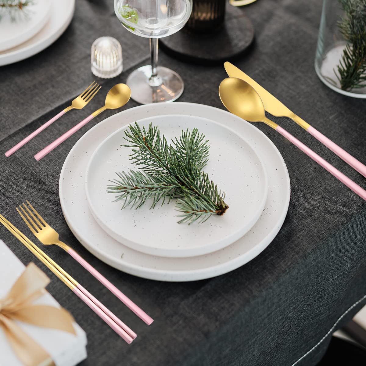 AARAINBOW 6 Pieces Stainless Steel Flatware Set Portable Reusable Cutlery Set Travel Utensils Set Including Chopsticks Knife Fork Spoon Straws Cleaning Brush Dishwasher Safe (B-Pink golden)