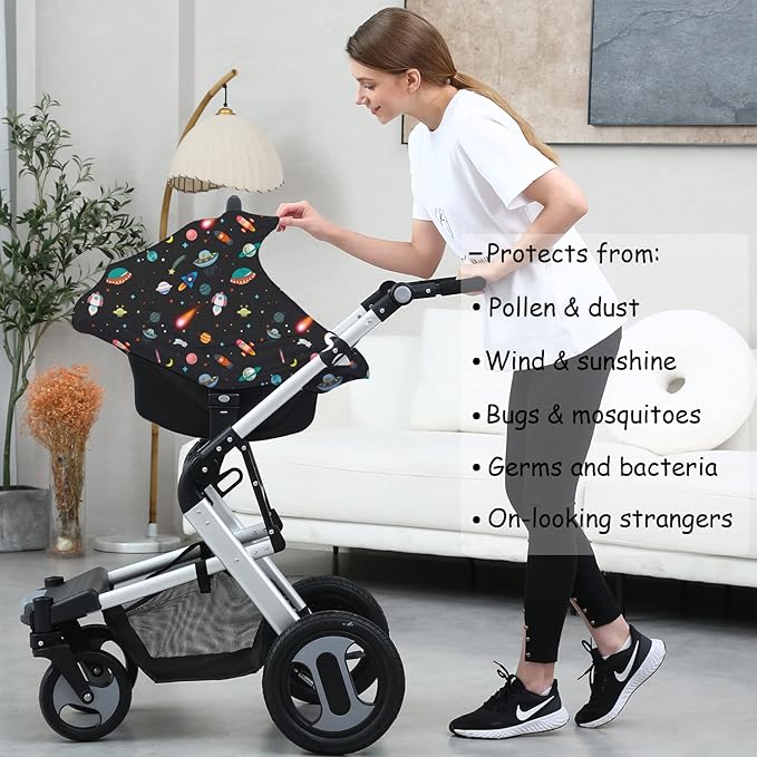 Carseat Covers Unisex - Black Creative Spacecraft Pattern Car Seat Canopy Cover for Babies, Multi-use Breastfeeding Cover, Baby Shower Gifts for Boy and Girls-BubblyBeeBaby