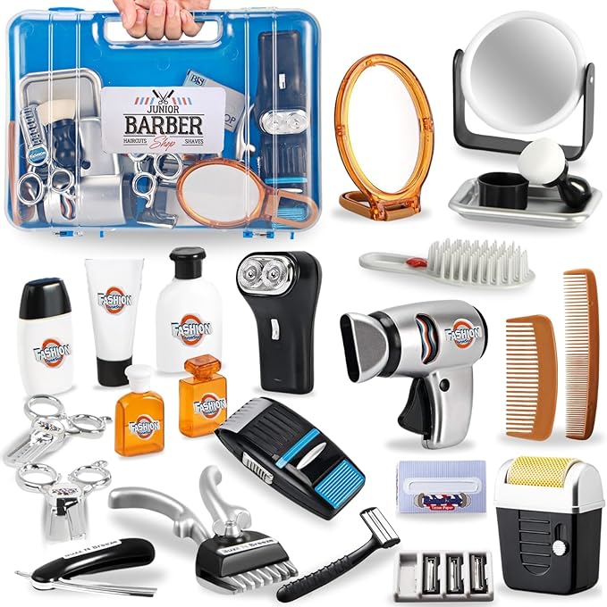24 Pcs Barber Shop Pretend Play Toy - My First Shaving and Grooming Haircut Kit Toddler Role Play Set with Styling Accessories & Storage Box for Kids, Boys-BubblyBeeBaby