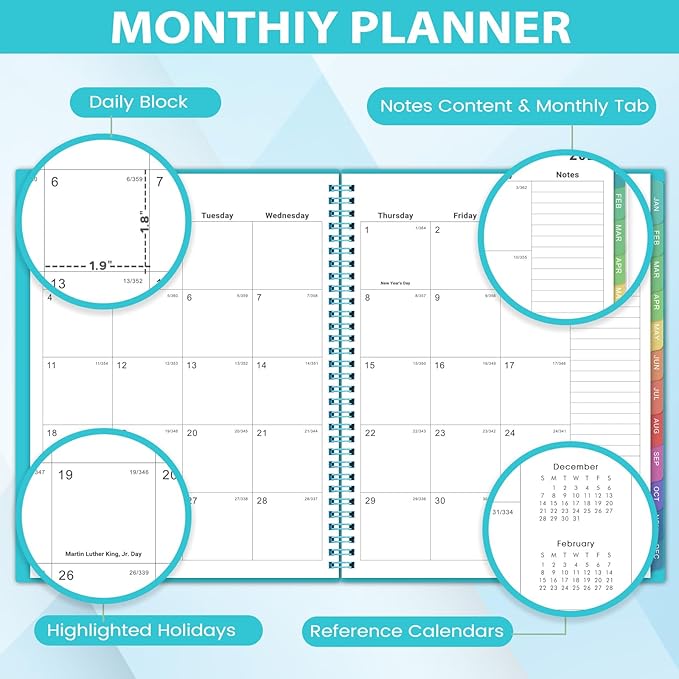 2026 Monthly Planner/Calendar - 2026 Planner, JAN 2026-DEC 2026, 12-Month Planner with Colorful Tabs, 2026 Calendar Planner for Daily Organizing - Waterproof Cover (8" x10", Monthly Pages & Notes, Blue)-BubblyBeeBaby