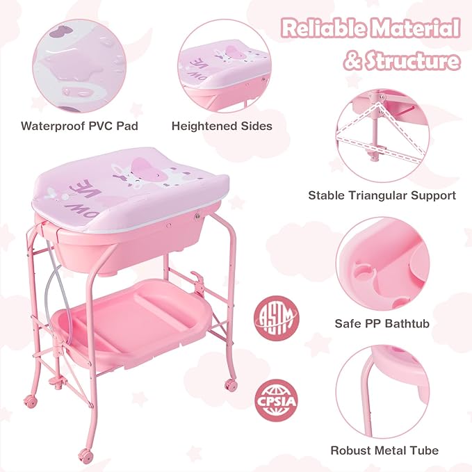 HONEY JOY Baby Changing Table with Bathtub, Foldable Infant Diaper Changing Station with Wheels, Storage Tray, Waterproof Pad, Portable Newborn Nursery Organizer Bath Stand for Boys Girls (Pink)-BubblyBeeBaby