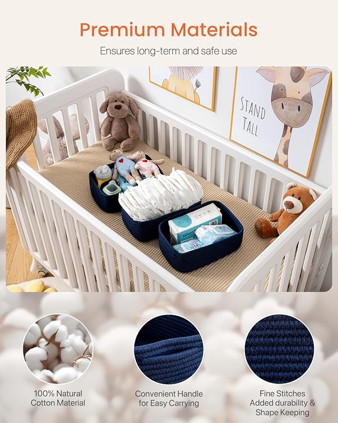 KALLAX Small Woven Basket, 12 x 8 x 4.5 Inches, Storage Basket for Organizing, Cute Small Rope Shelf Closet Cube Storage Bins Baskets for Shelves, Dog Toy Gift Baskets Empty, 3 Packs, Navy Blue-BubblyBeeBaby