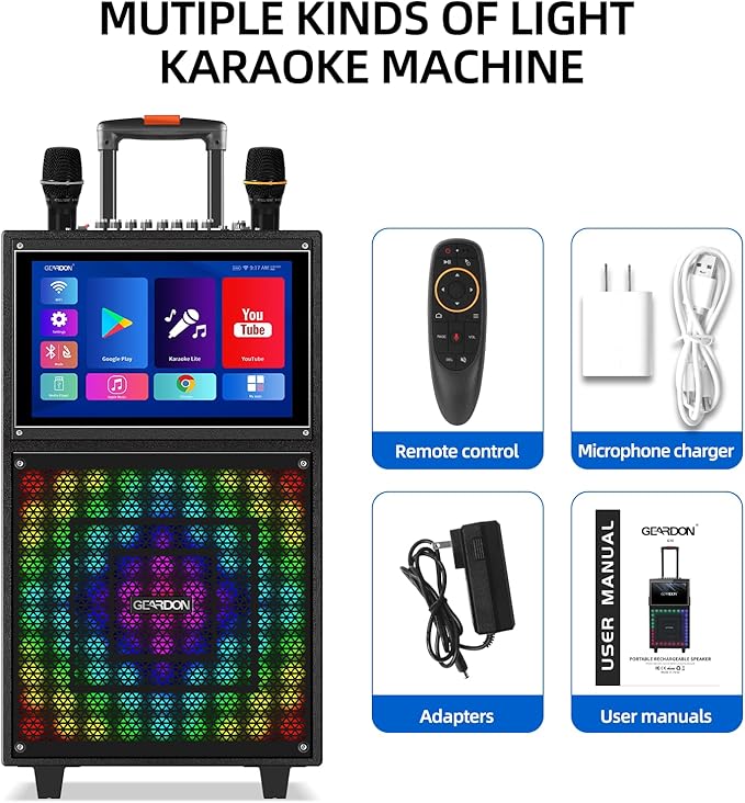 Karaoke Machine with Lyrics Display Screen for Adults, 15 Inches Tablet, Bluetooth Speaker w/ 2 Rechargeable UHF Mics, 1000W Peak Power, DJ Lights, Portable Karaoke System for Any Occasion-BubblyBeeBaby
