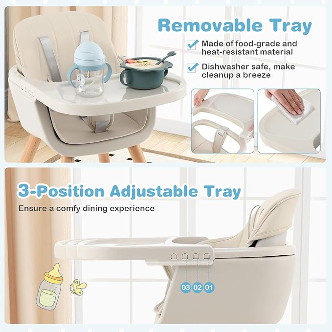 HONEY JOY High Chair, 3-in-1 Eat & Grow Wooden Highchair/Booster Seat/Toddler Chair with Removable Tray, 5-Point Harness, PU Cushion and Footrest for Baby, High Chair for Babies and Toddlers(Beige)-BubblyBeeBaby
