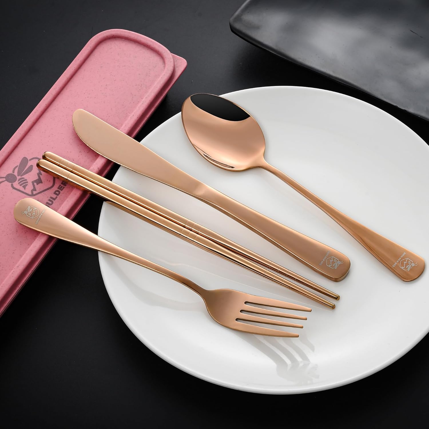 Boulder Bee Travel Utensils Set | Reusable Camping Cutlery Set | Stainless Steel Flatware Set | Portable Silverware Set with Case | Includes Knife/Fork/Spoon/Chopsticks/Cleaning Cloth/Case (Rose)