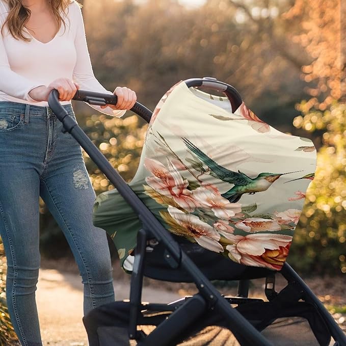 Binienty Car Seat Covers for Babies, Hummingbird Flower Design,Floral Nursing Cover Breastfeeding Scarf, Stretch Baby Carseat Canopy-BubblyBeeBaby