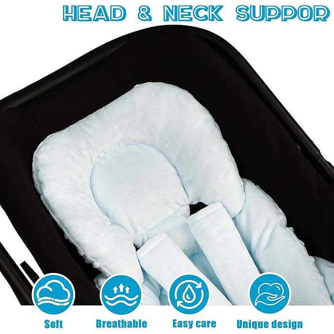 GFU Infant Car Seat Insert Head and Body Support, Reversible Newborn Insert for Carseat with Strap Pads, Soft Stroller Cushion Pillow Insert for Boys and Girls, Fits for Stroller, Swing, Lightblue-BubblyBeeBaby