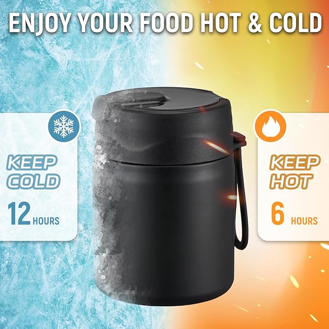17oz Soup Thermo for Hot Food Kids Insulated Vacuum Food Jar with Stainless Steel Spoon Wide Mouth Thermo Leakproof Lunch Food Container Kids Hot Lunch Box (Black)-BubblyBeeBaby