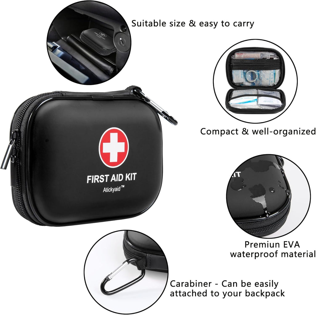 Mini First Aid Kit - 120 Piece Small Waterproof Hard Shell Medical Kit for Car, Home, Office, Travel, Camping, Sports, Outdoor, School - Emergency First Aid Supplies and Survival Kit (Black)