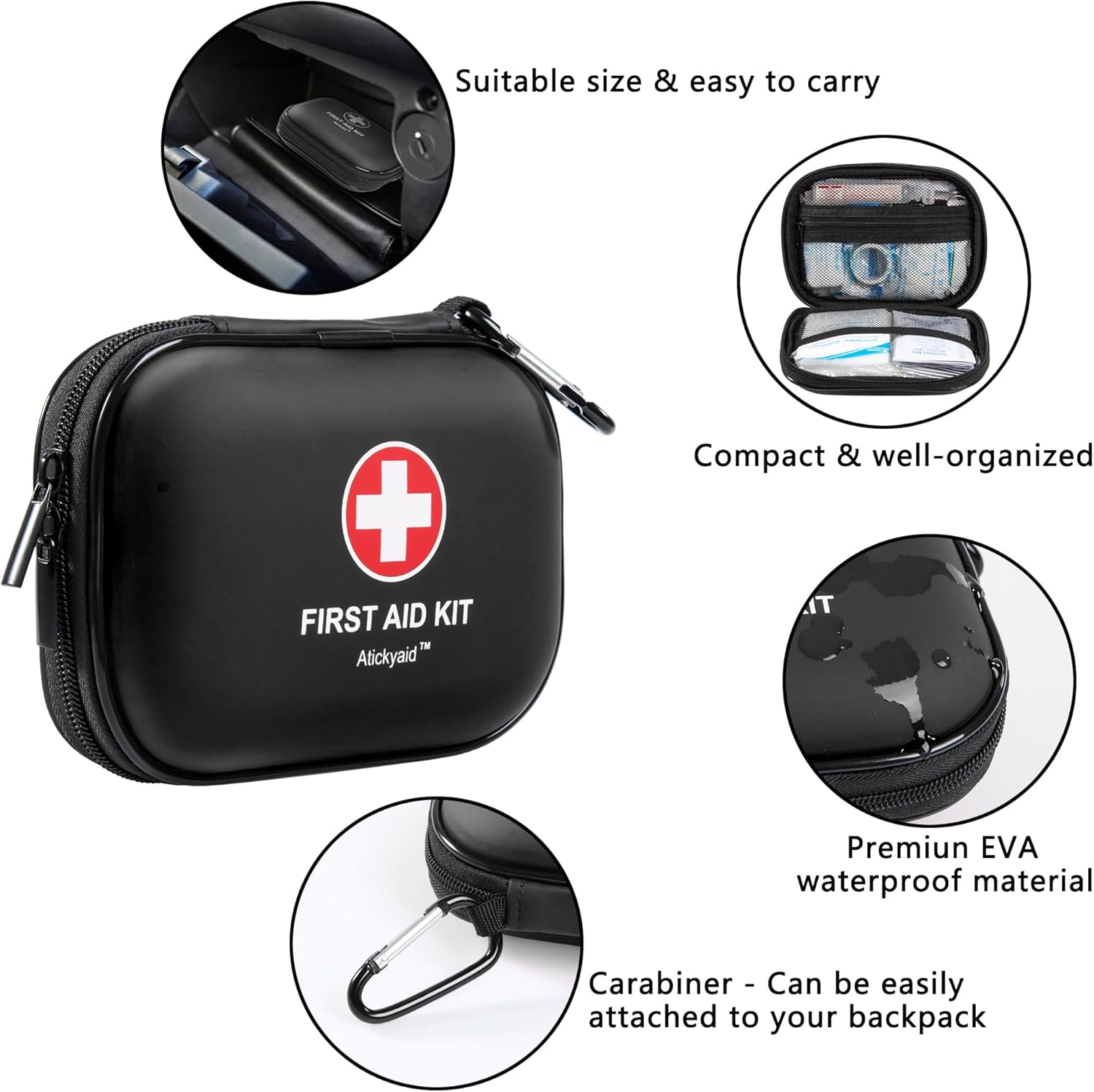 Mini First Aid Kit - 120 Piece Small Waterproof Hard Shell Medical Kit for Car, Home, Office, Travel, Camping, Sports, Outdoor, School - Emergency First Aid Supplies and Survival Kit (Black)