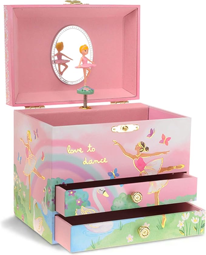 Jewelkeeper Jewelry Box for Girls - Spinning Ballerina Doll to Swan Lake Tune Music Box - Pink Jewelry Boxes for Girls with 2 Drawers - Ideal for Storing Necklaces and Bracelets - 7Lx5Hx6W Inches-BubblyBeeBaby