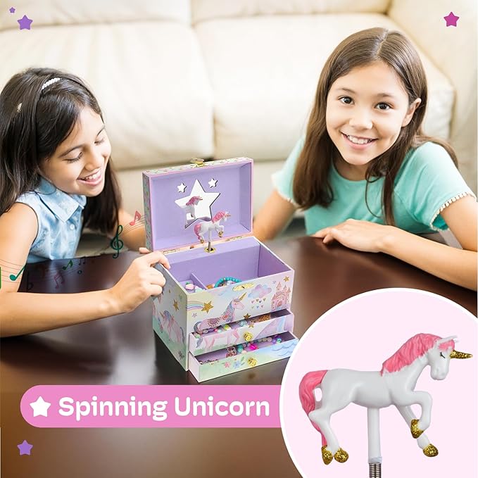 Jewelkeeper Enchanting Unicorn Musical Jewelry Box for Girls - Sparkling Rainbow Design Music Box with 2 Pullout Drawers to Store Earrings, Necklace and Bracelets - Plays The Beautiful Dreamer Tune-BubblyBeeBaby