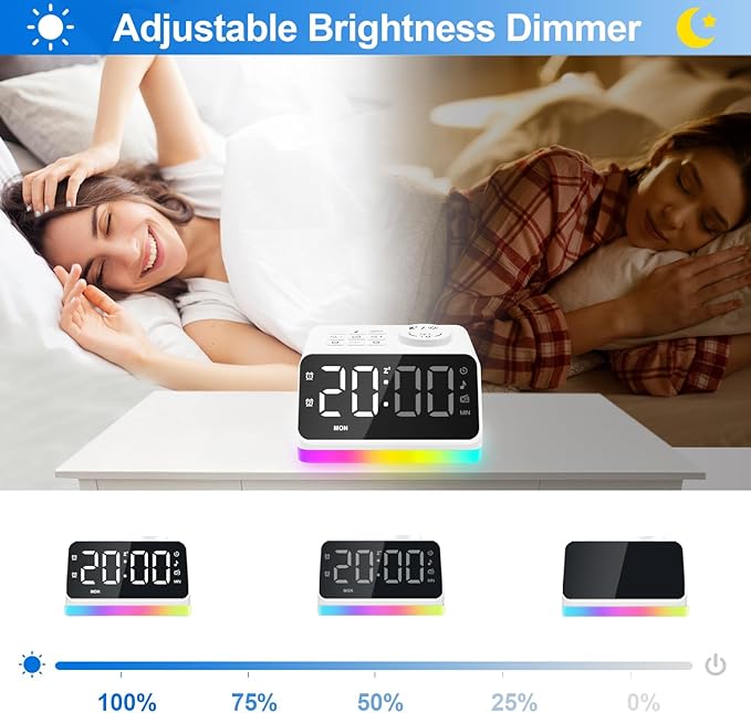 JALL Digital Alarm Clock with FM Radio for Bedroom, 8 Colors Night Light with 2 Charging Port, Sleep Sound Machines with Timer, Dual Alarm, Loud Alarm and Easy to Use for Seniors and Kids as Gift-BubblyBeeBaby