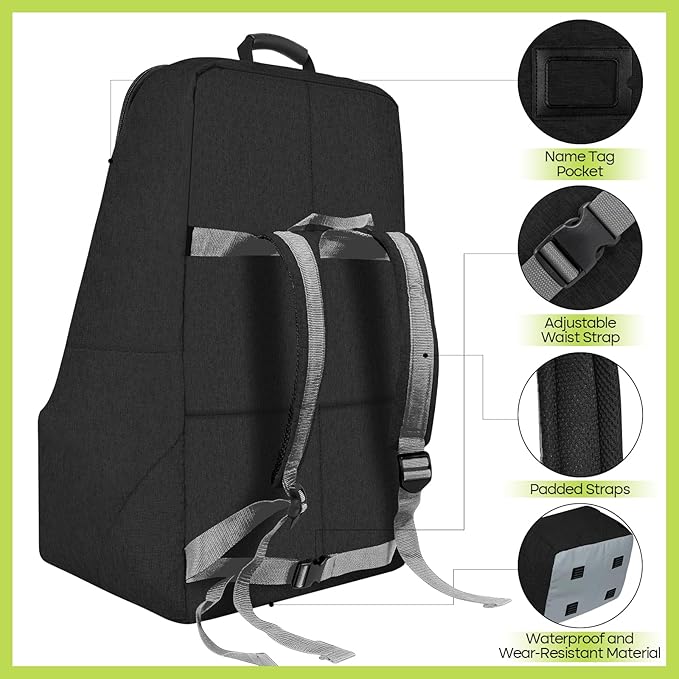 Padded Car Seat Travel Bag for Airplane, Heavy Duty Backpack for Air Travel, Water-Resistant Carrier with Shoulder Strap, Fits Most Car Seats (Black)-BubblyBeeBaby