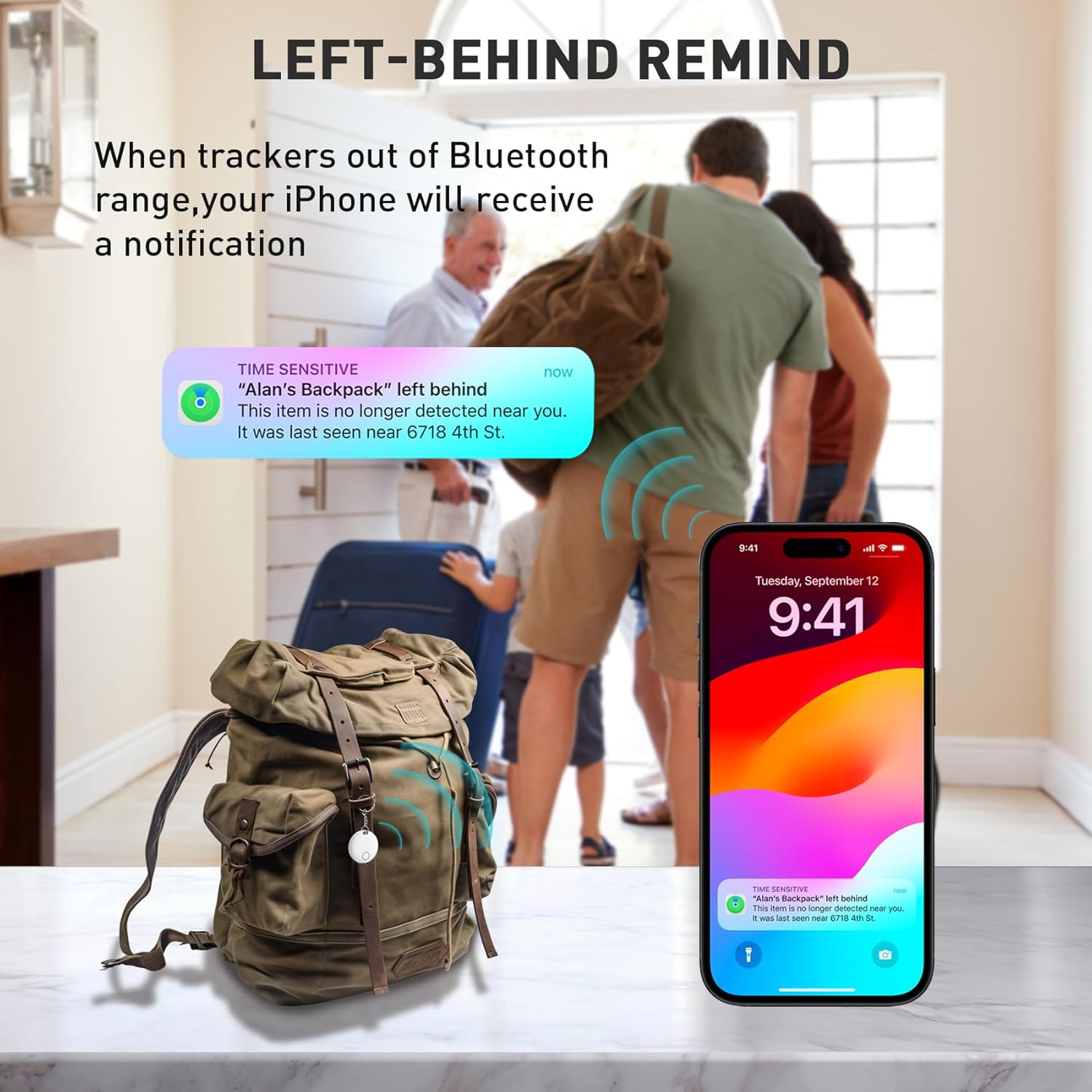 Smart Tracker Tags, Bluetooth Luggage Tracker with Keychain, Compatible with iOS Find My app, Item Locator for Key, Wallet, Suitcase, Bags, IP67 Waterproof, Battery Include