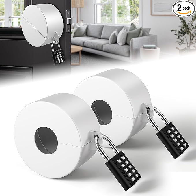 2 Pack Door Knob Lockout Device, Door Knob Cover Lock, Child Proof Door Knob Covers with Combination Padlock, Door Handle Lock for Dementia Elderly Safety, Temporary Door Lock -White-BubblyBeeBaby