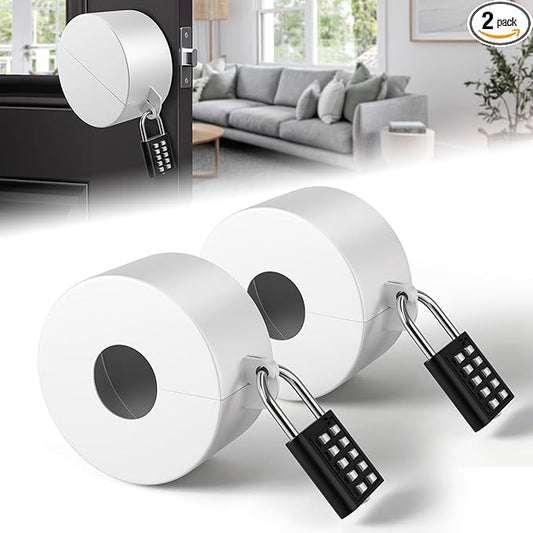 2 Pack Door Knob Lockout Device, Door Knob Cover Lock, Child Proof Door Knob Covers with Combination Padlock, Door Handle Lock for Dementia Elderly Safety, Temporary Door Lock -White-BubblyBeeBaby