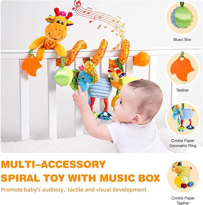 Jollybaby Crib Stroller Car Seat Toys for Baby 0-3-6-9-12 Months, Tummy Time Hanging Sensory Toys for Newborn with Music Box and Teether, Spiral Carseat Toy for Infant Boys Girls Gifts (Giraffe)-BubblyBeeBaby