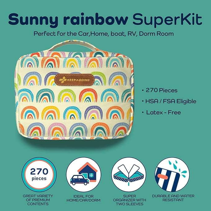 KeepGoing Large Home First Aid Kit for Kids – 270 Pc. for Car, Home, Dorm, & Boat with Latex-Free Bandages – 10 x 7 x 3.5 in. Travel First Aid Kit (Sunny Rainbow)-BubblyBeeBaby