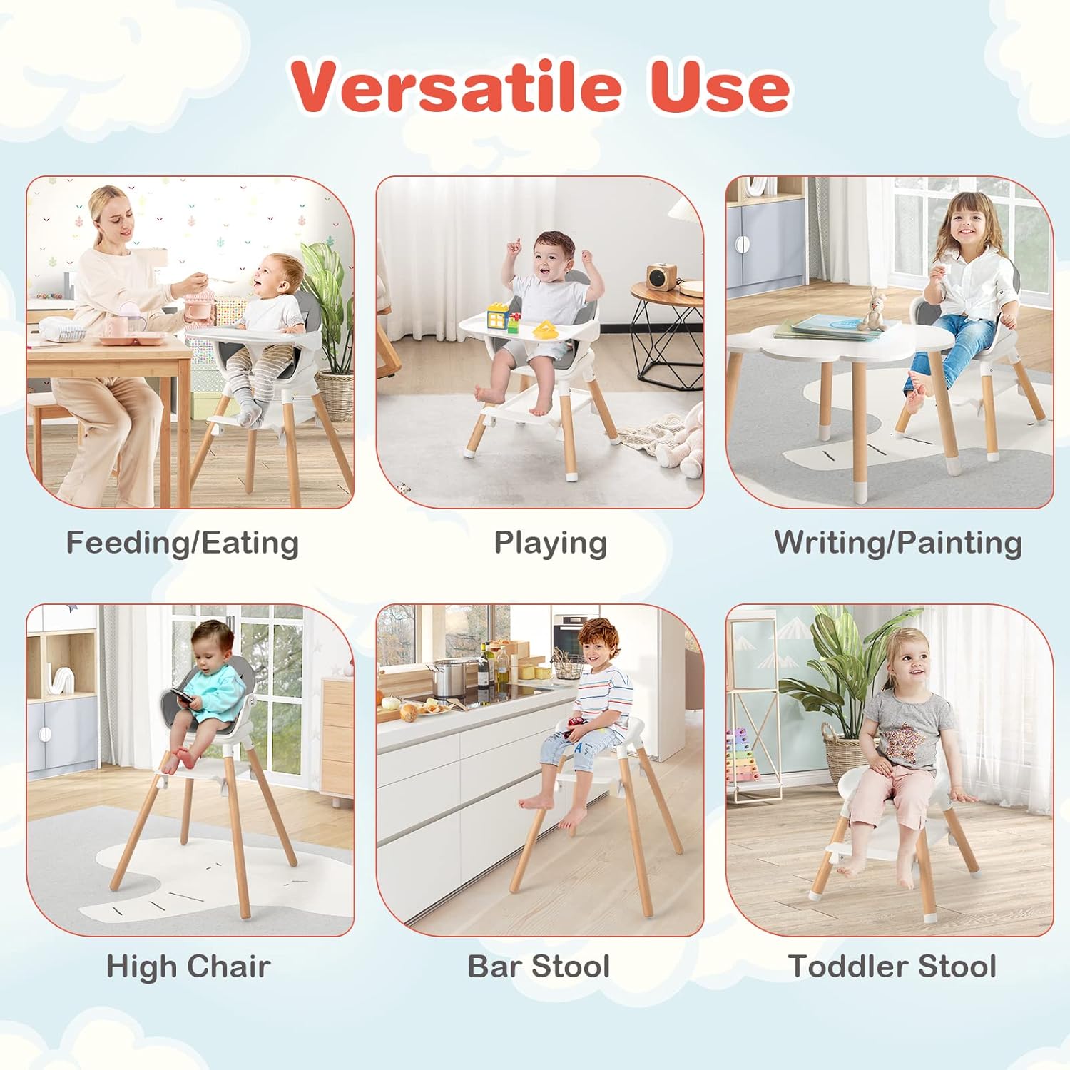 HONEY JOY Baby High Chair, 6 In 1 Convertible Wooden Highchair for Babies and Toddlers/Toddler Chair/Bar Stool, Removable Double Tray & Reversible Footrest, Safety Harness for Infant Boys Girls (Gray)