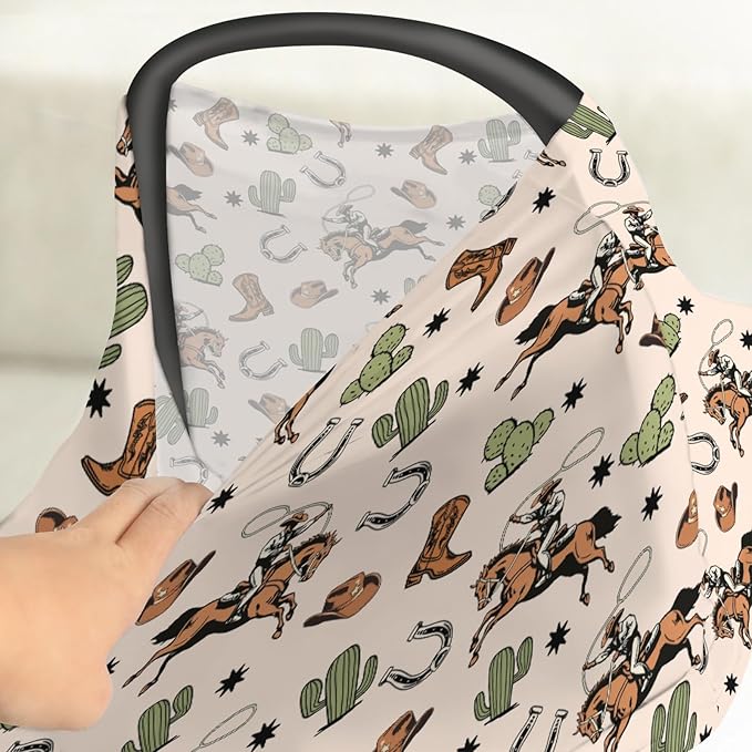 Country Western Car Seat Cover for Baby Cowboy Hat Boots Horse Cactus Stretchy 5-in-1 Covers Adjustable Car Canopy Breastfeeding Cover Wild West Desert Breathable Nursing Cover-Up-BubblyBeeBaby