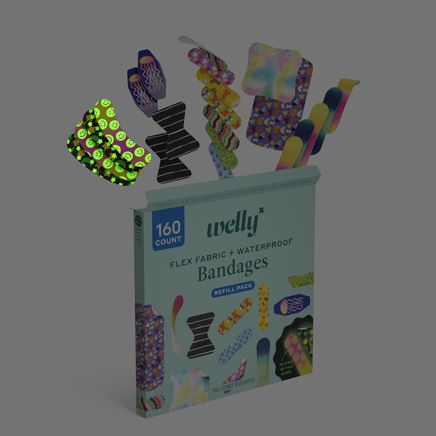 Welly Bandage Large Refill Pack | Adhesive Flexible Fabric, Glow-in-The-Dark & Waterproof Bandages | Assorted Shapes and Patterns for Minor Cuts, Scrapes, and Wounds - 160 Count