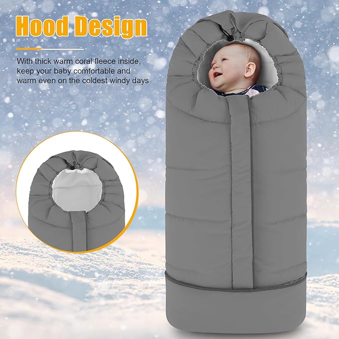 Yoofoss Stroller Cover for Winter, Toddler Stroller Footmuff Universal for Most Stroller, Water Resistant Warm Coral Baby Stroller Bunting Sleeping Bag Light Grey-BubblyBeeBaby