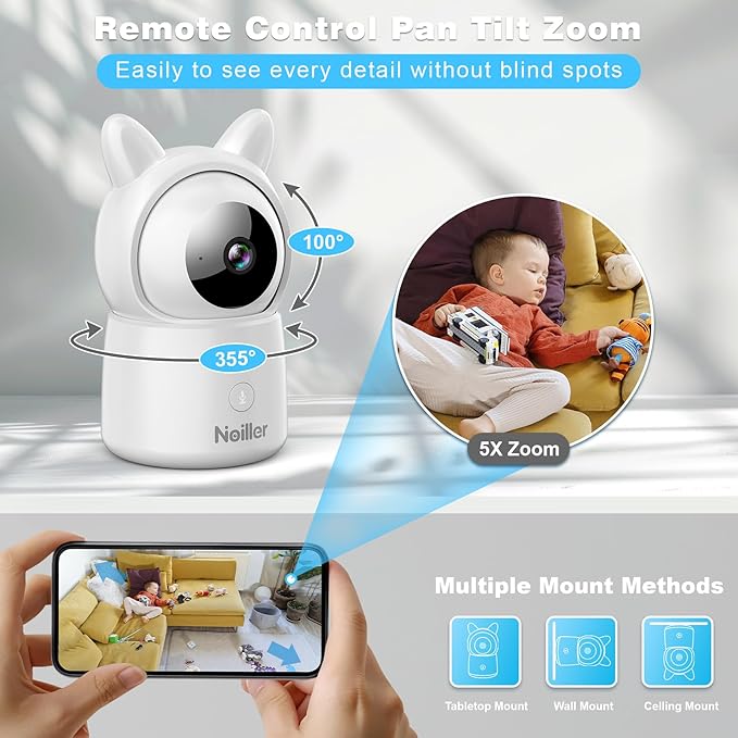 1080P Pan/Tilt Security Camera for Baby Monitor, 2.4G WiFi Pet Camera with Motion Detection, Night Vision, 2-Way Talk, RGB Night Lights, Lullabies, TF/Cloud Storage, Works with Alexa & Google Home-BubblyBeeBaby