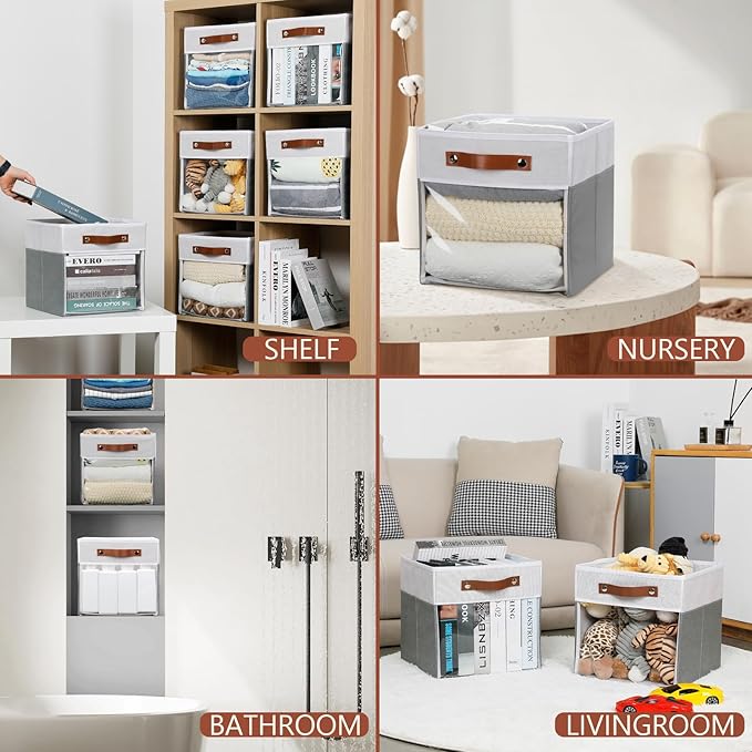HNZIGE 11x11 Cube Storage Bins for Cube Organizer, Clear Fabric Storage Cubes for Storage Shelves, Collapsible Decorative Storage Bins for Clothes Closet Toys Cubby Storage Bin(White Gray 6 PCS-BubblyBeeBaby