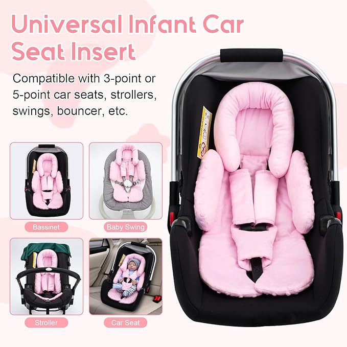 Infant Car Seat Insert with 3 Shoulder & Crocth Covers, Thickened Carseat Head and Body Support for Infant, Reversible Baby Car Seat Cushion for Boys Girls, Soft Mink Dot Newborn Insert for Preemie-BubblyBeeBaby