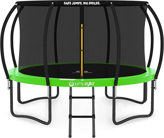 JUMPZYLLA Trampoline Outdoor 8FT 10FT 12FT 14FT 15FT 16FT with Enclosure and Ladder, ASTM Approved Recreational Trampoline for Kids and Adults, Anti-Rust Coated Frame-BubblyBeeBaby