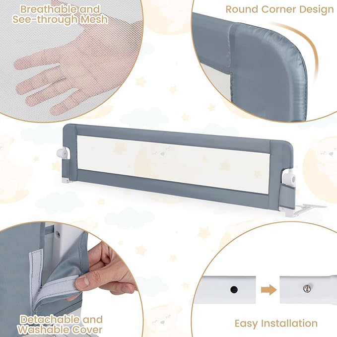 HONEY JOY Bed Rail for Toddlers, Extra Long, Foldable Portable Swing Down Safety Bed Guard Rail, Toddler Bed Rails for Crib, King Queen Full Twin Size Bed Mattress (Light Gray, 2 Pack, 71 Inch)-BubblyBeeBaby