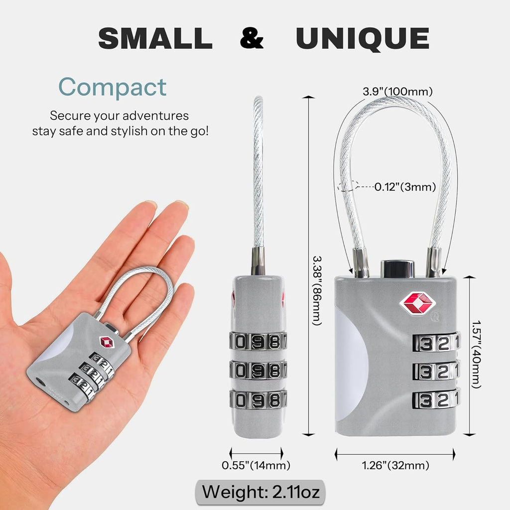 Travel Luggage Locks TSA Approved, Small Combination Padlock with Cable, Combo TSA Lock for Suitcase, Locker & Gym, Cabinet, Bag Zipper, Lock with Code for Travel Accessories (Silver)