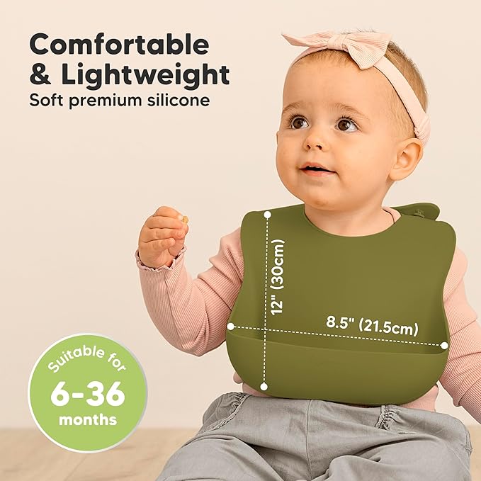 KeaBabies 2-Pack Silicone Baby Bibs for Eating - Sturdy Food-Grade Silicone Bibs for Babies Girl, Boy, Large Food Catcher, Clean & Put On Easily, Waterproof Toddler Feeding Essentials (Olives)-BubblyBeeBaby