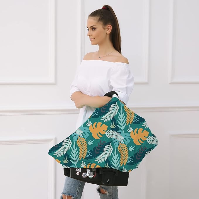 Carseat Cover Boy and Girls - Multi-use Nursing Car Seat Canopy Cover for Breastfeeding, Infant Stroller Cover, High Chair Cover (Green Leaves)-BubblyBeeBaby