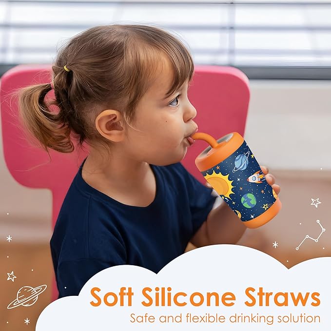 Kid Insulated Stainless Steel Tumbler with Silicone Straw, 12oz Sippy Cup for Kids (Outer Space)-BubblyBeeBaby