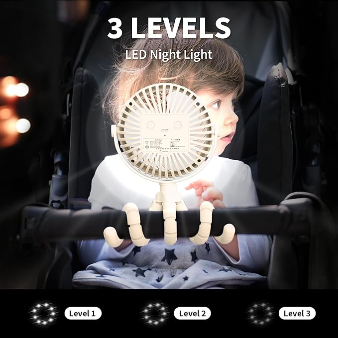 AMACOOL Battery Operated Stroller Fan Flexible Tripod Clip On Fan with 3 Speeds and Rotatable Handheld Personal Fans for Car Seat Crib Bike Treadmill (Beige)-BubblyBeeBaby
