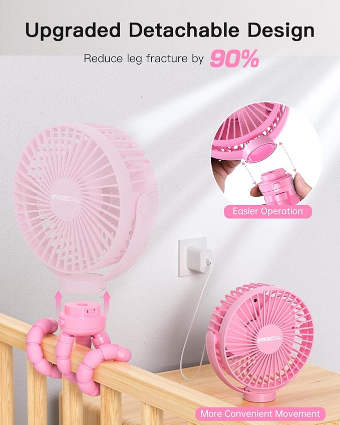 FRIZCOL 12000mAh Portable Stroller Fan, Use As Power Bank, 65H Battery Operated Fan Flexible Tripod Clip On Fans, Detachable Personal Handheld Baby Fans for Stroller, Car seat, Desk, Treadmill（Pink）-BubblyBeeBaby