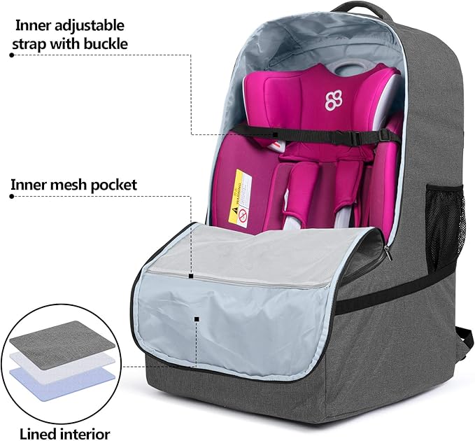 LUXJA Car Seat Travel Bag, Airplane Bag with Padded Backpack Straps and Adjustable Waist Straps for Travel (Fits Most Major Car Seat), Gray-BubblyBeeBaby