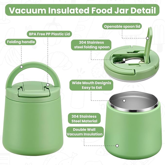 20oz Insulated Vacuum Food Jar with Buckle Lid,Soup Thermo for Hot Food Kids,Wide Mouth Leakproof Stainless Steel Lunch Container with Spoon-Green-BubblyBeeBaby