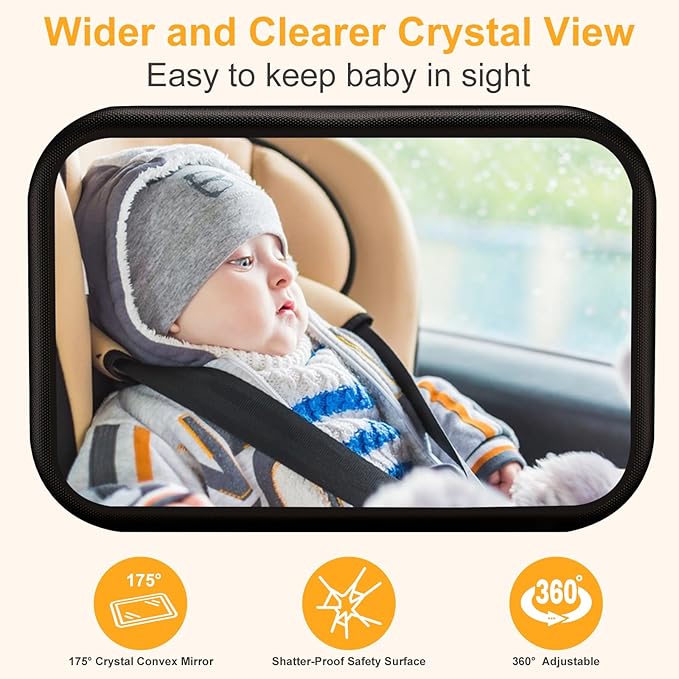 Baby Car Mirror for Rear Facing Seat - Clear View, Upgraded Hook Clip Design, 360 Rotation, Wide Crystal View, Shatterproof Crash Tested and Certified-BubblyBeeBaby