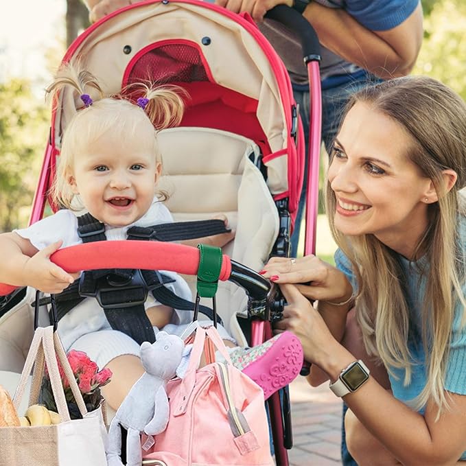Baby Stroller Hooks Bag Hooks for Hanging Diaper Bags Multipurpose Hooks for Grocery Shopping Bags Premium Vegan Leather Pram Straps 2 Pcs (Green)-BubblyBeeBaby