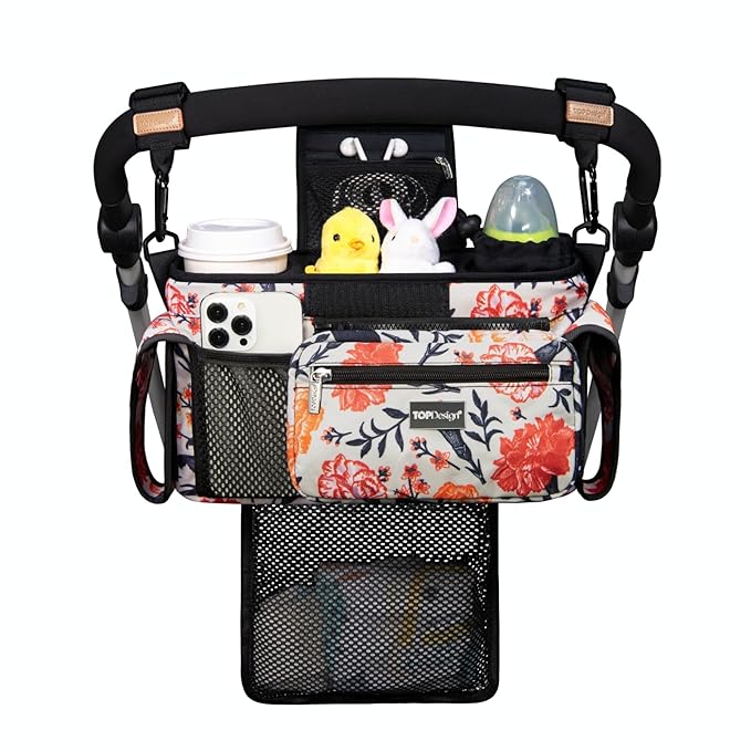TOPDesign Universal Baby Stroller Organizer, Stroller Caddy with Detachable Mesh Bag & Heightened Insulated Cup Holders & Non-Slip Secure Hooks Accessories, Fits Most Strollers (Trumpet Vine)-BubblyBeeBaby