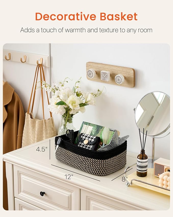 KALLAX Small Woven Basket, 12 x 8 x 4.5 Inches, Storage Basket for Organizing, Cute Small Rope Shelf Closet Cube Storage Bins Baskets for Shelves, Dog Toy Gift Baskets Empty, 3 Pack Black & Brown-BubblyBeeBaby