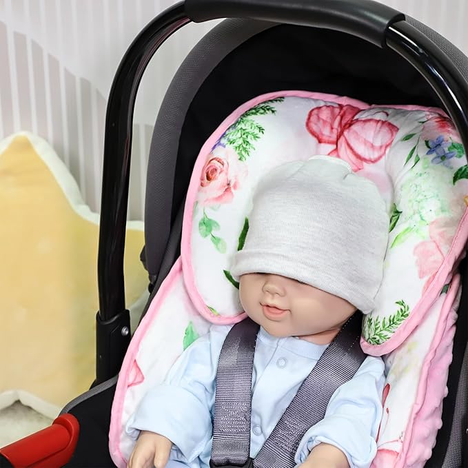 2 in 1 Infant Car Seat Insert, Adjustable Car Seat Head Support Baby Girls Boys, Soft Newborn Carseat Insert Cushion, Perfect for Carseats, Strollers, Swings (Pink Flower)-BubblyBeeBaby