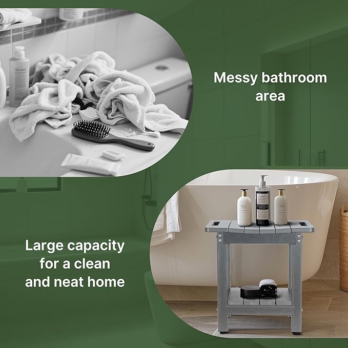 HDPE Shower Bench Seat Capacity 300LB, Waterproof Bathroom Stool with Side Carry Holes, Compact 16.8" L Design, Non-Slip Shower Seat for Elderly, Shaving Legs & Spa - Indoor/Outdoor Use (Gray)-BubblyBeeBaby